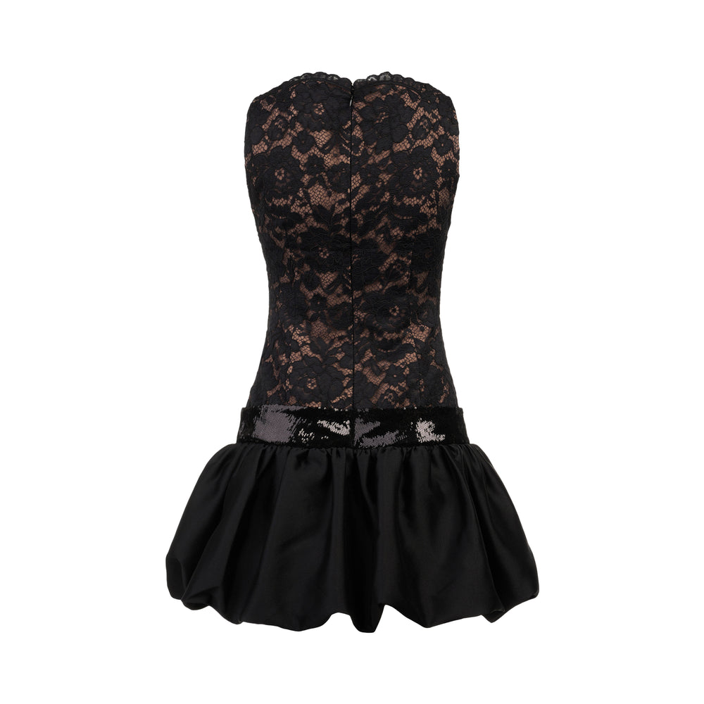 Self-Portrait black floral lace bubble hem mini dress with scalloped neckline, drop waist, gathered satin skirt, and sequined bow detail - view 2