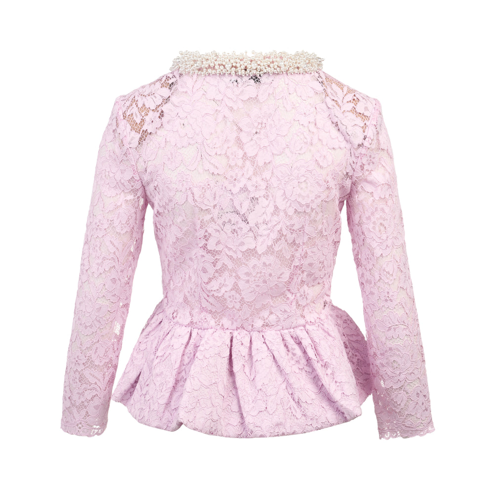 Self-Portrait pink floral lace peplum top with pearl-embellished collar, pearl cluster detail at the chest, long sleeves, and a gathered flared hem, displayed on a white background - view 2