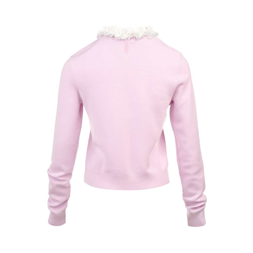 Self-Portrait light pink fine-knit jumper with a 3D white floral appliqué and pearl-embellished neckline, long sleeves, and a slim silhouette - view 2
