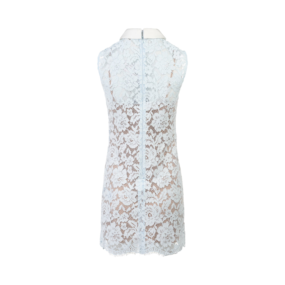Self-Portrait powder-blue floral lace sleeveless mini dress with contrast white collar, bow detail, jewelled daisy buttons, and scalloped hem - view 2