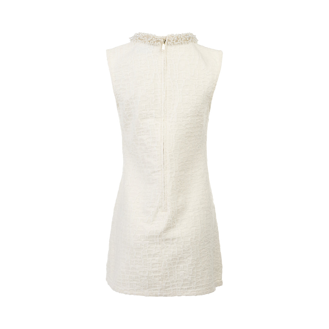 Cream Textured Pearl Trim Mini Dress