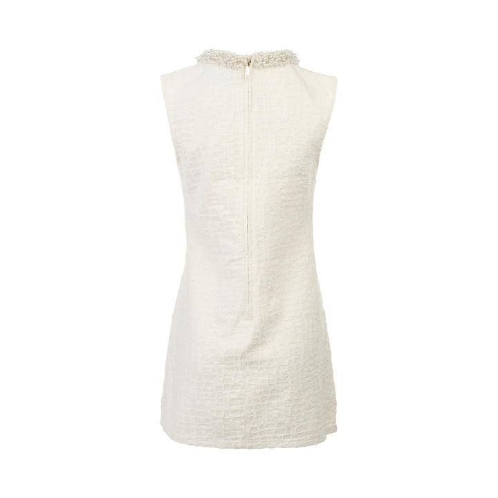 Cream Textured Pearl Trim Mini Dress