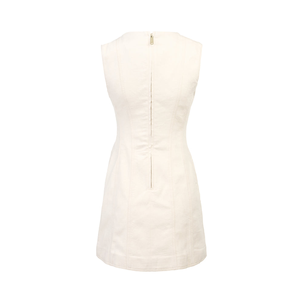 Self-Portrait cream denim double-breasted mini dress with ornate oval jewelled buttons, fabric flower corsage embellishment, and A-line skirt on a white background - view 2