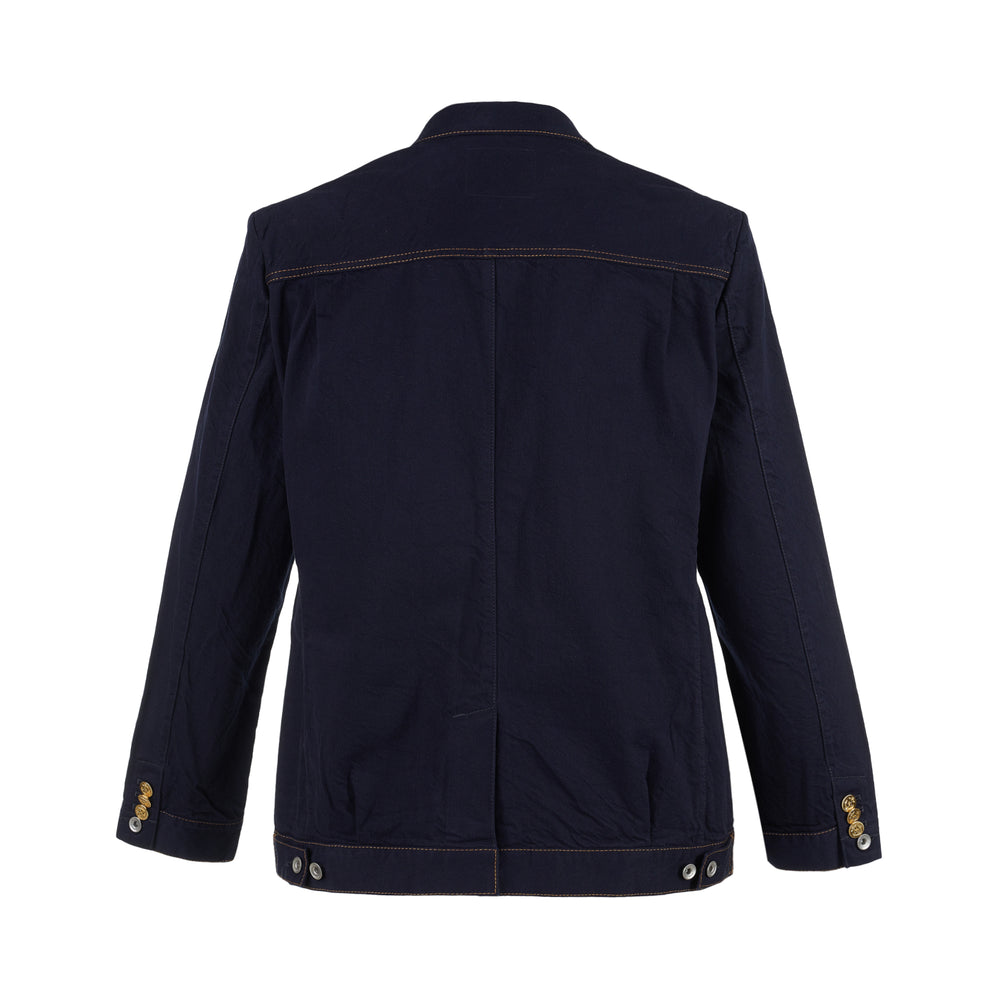sacai indigo denim blazer jacket with notched lapels, contrast golden topstitching, flap chest pockets and gold anchor buttons - view 2