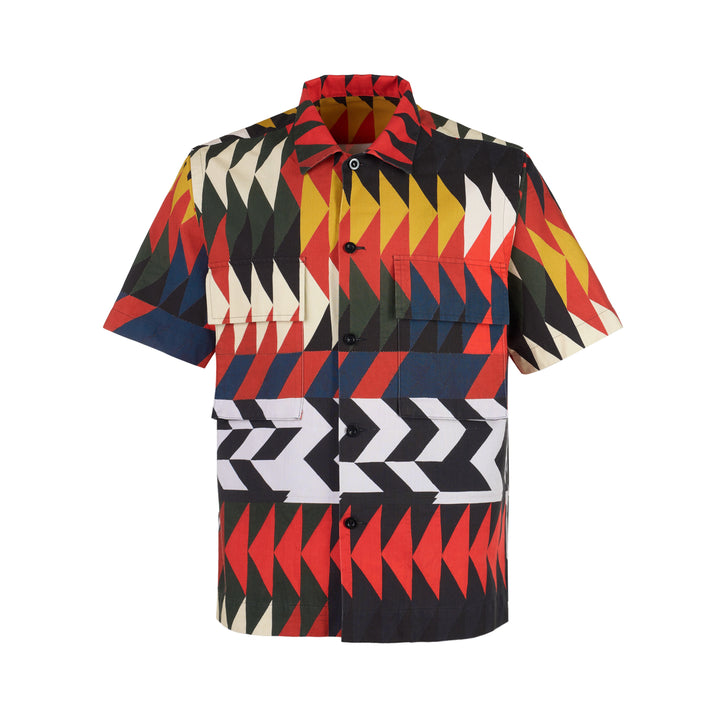 sacai x A.P.C. Quilts short sleeve shirt with a multicolour geometric arrow print, camp collar, button front and two flap chest pockets