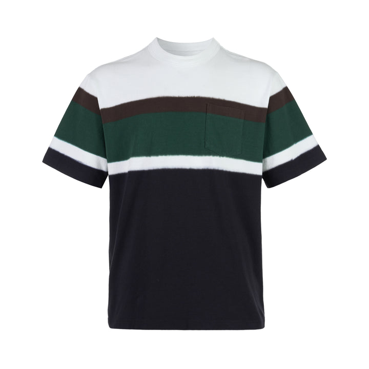 sacai chusen-dyed cotton jersey T-shirt with white, brown, green and navy dyed bands and a chest pocket