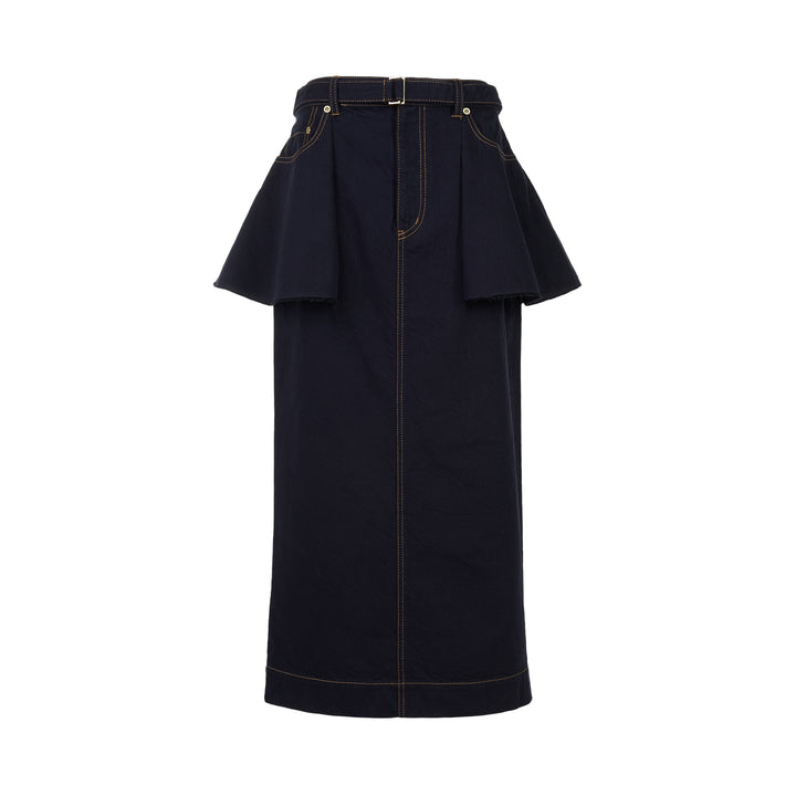 sacai belted peplum denim midi skirt in dark indigo with contrast topstitching, shown from the front