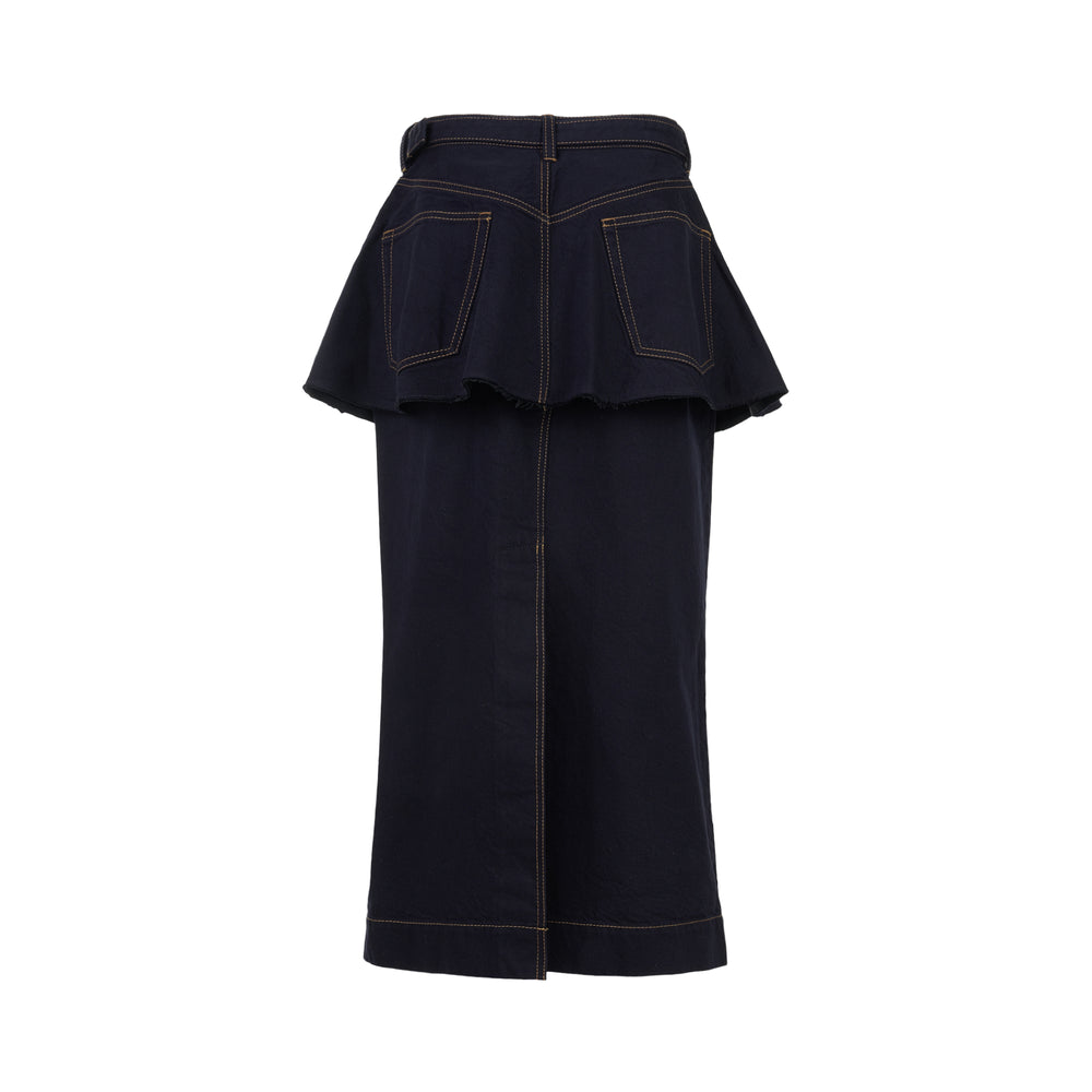 sacai belted peplum denim midi skirt in dark indigo with contrast topstitching, shown from the front - view 2
