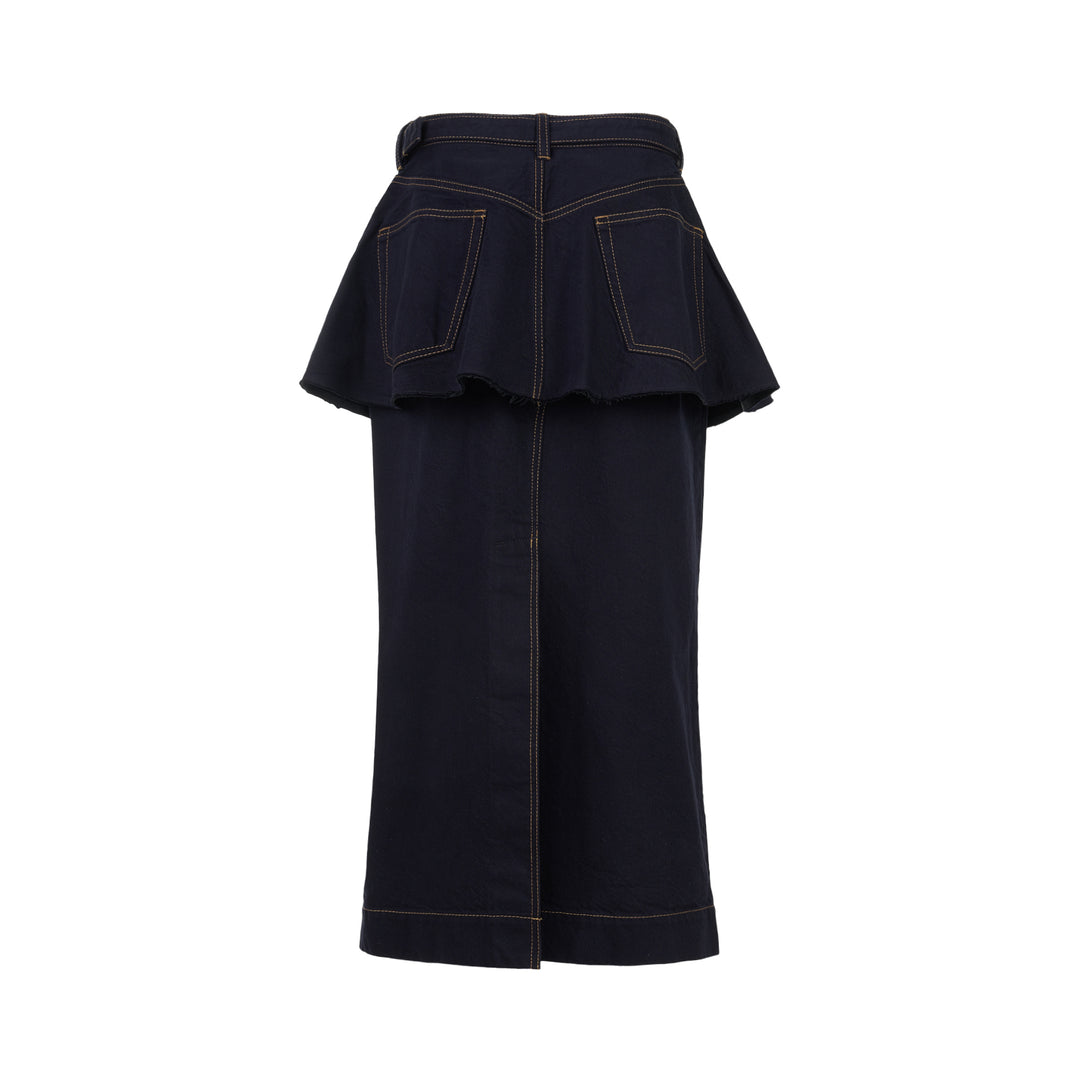 sacai belted peplum denim midi skirt in dark indigo with contrast topstitching, shown from the front - view 2
