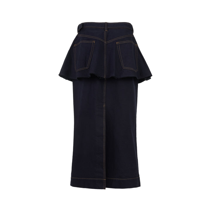 sacai belted peplum denim midi skirt in dark indigo with contrast topstitching, shown from the front - view 2