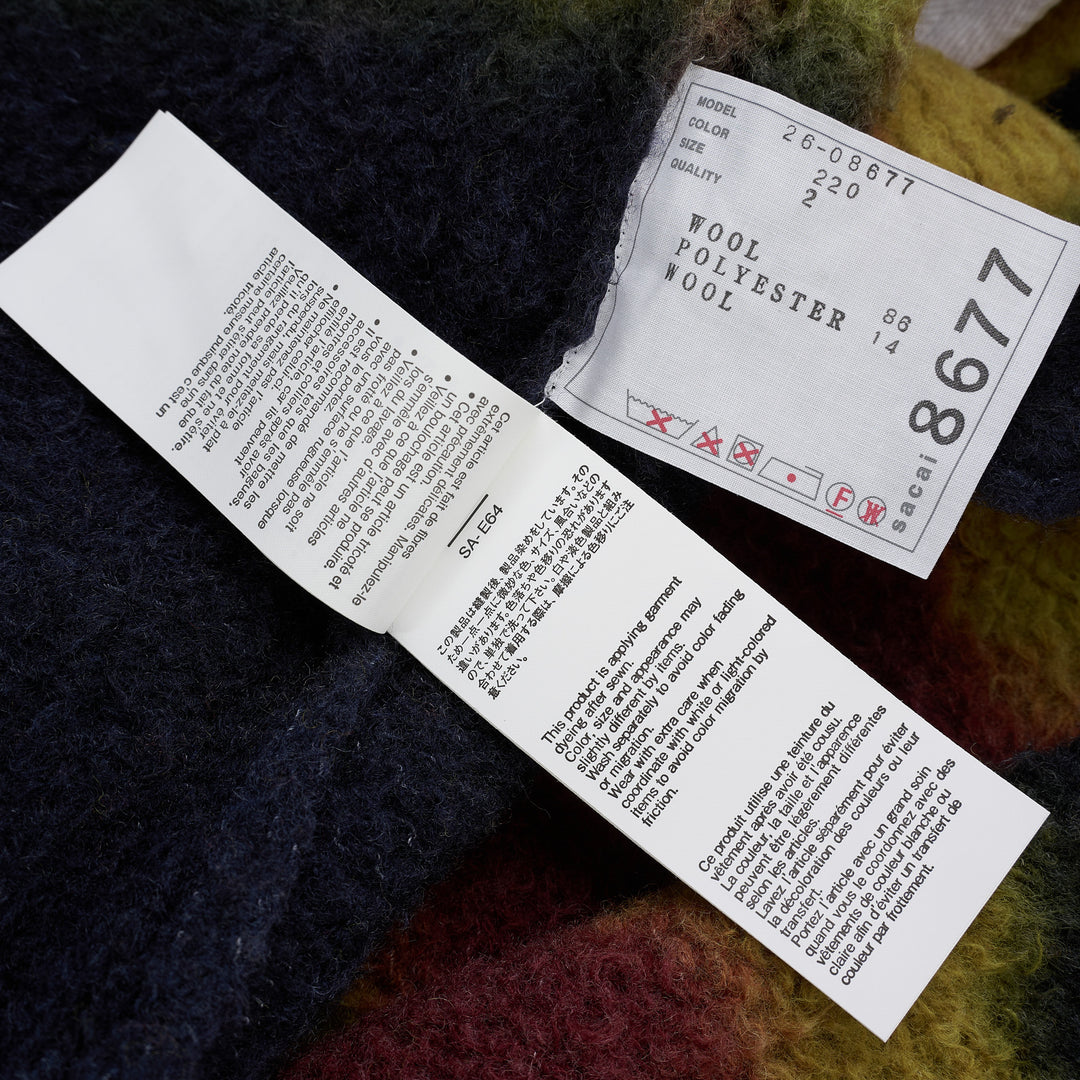 sacai Chusen-Dyed Knit Cardigan in navy brushed knit with olive and burgundy gradient bands and a white collar - view 7