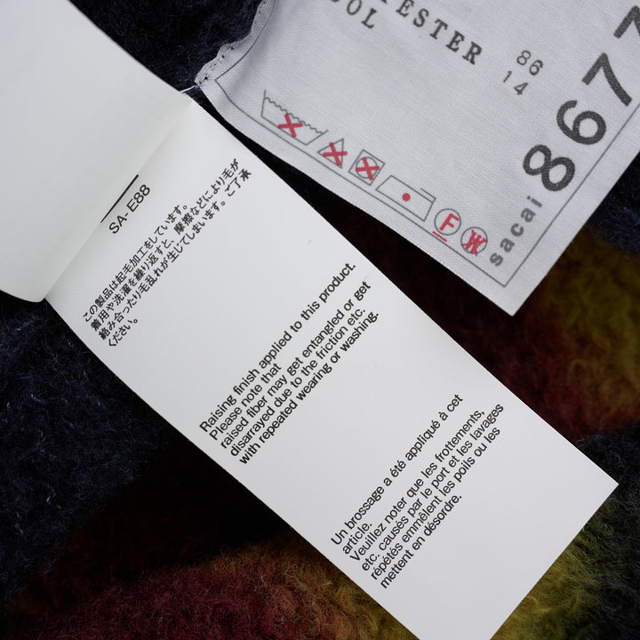 sacai Chusen-Dyed Knit Cardigan in navy brushed knit with olive and burgundy gradient bands and a white collar - view 8