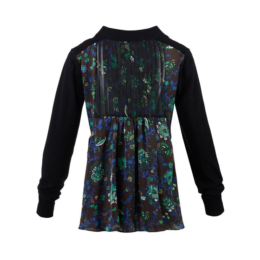sacai black cotton knit cardigan with V-neckline, button front, patch pockets and a pleated sheer floral-print back panel - view 2