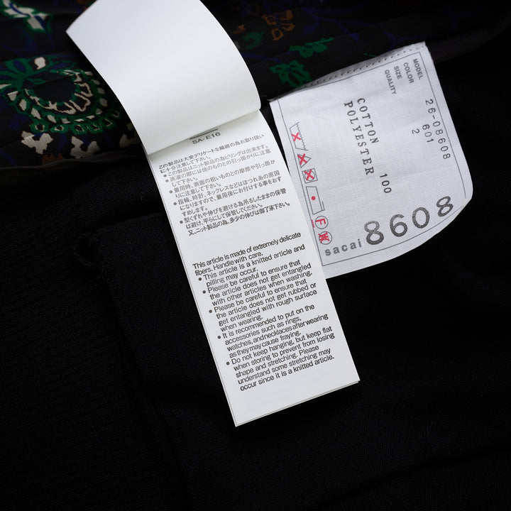 sacai black cotton knit cardigan with V-neckline, button front, patch pockets and a pleated sheer floral-print back panel - view 5
