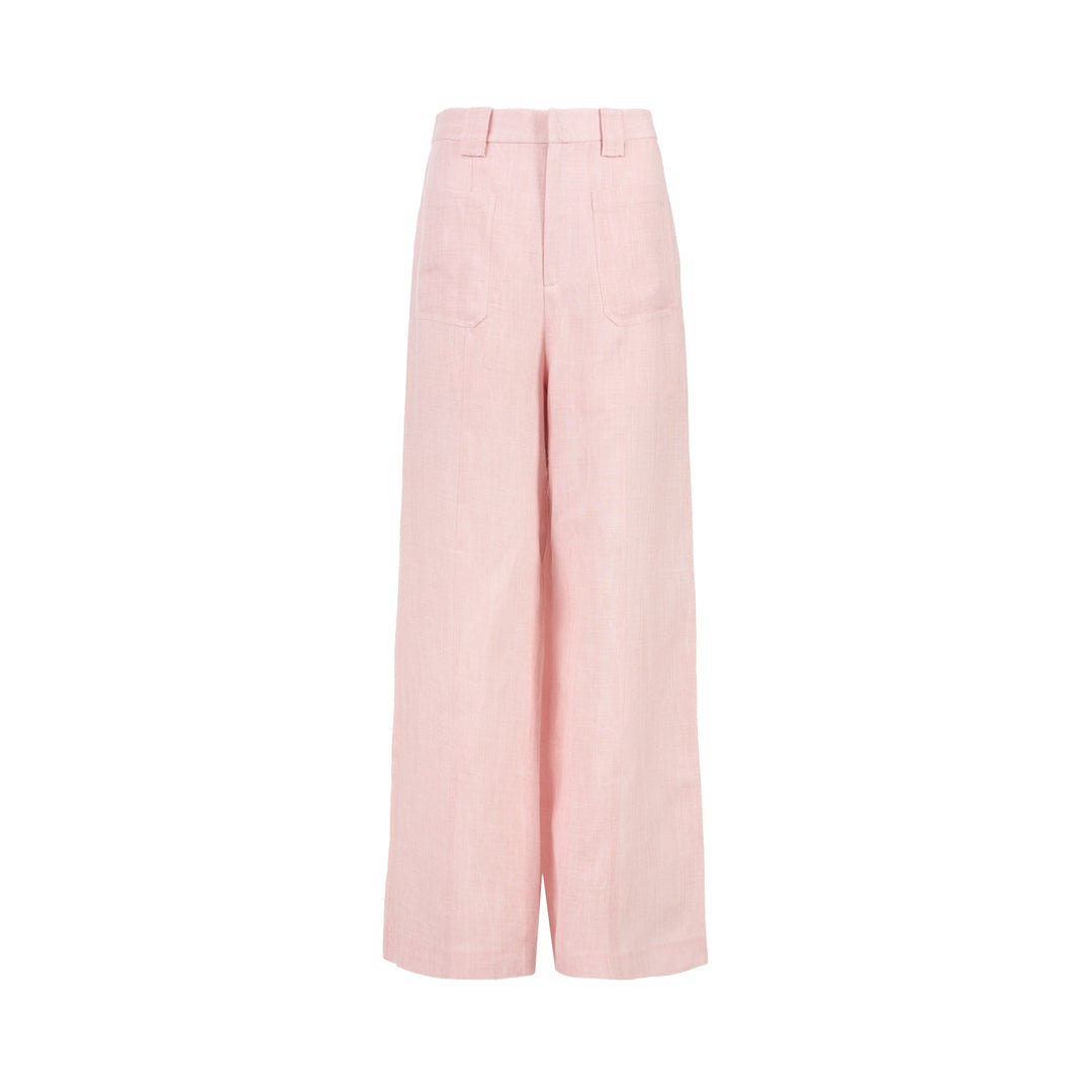 Pink hand-brushed linen wide-leg trousers with high waist and front patch pockets, shown flat on a white background