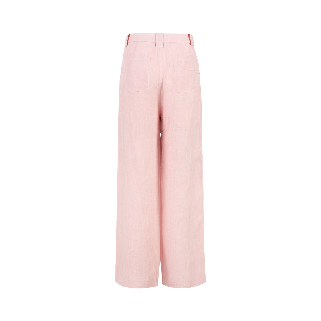 Pink hand-brushed linen wide-leg trousers with high waist and front patch pockets, shown flat on a white background - view 2