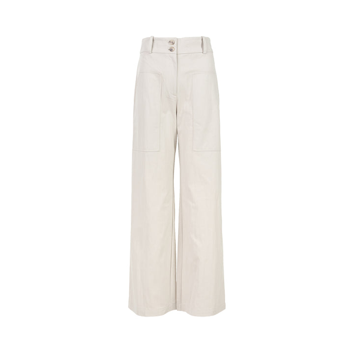 Club21 Collection Adele wide-leg pants in light neutral nylon cotton twill with patch pockets and double button waistband, front view