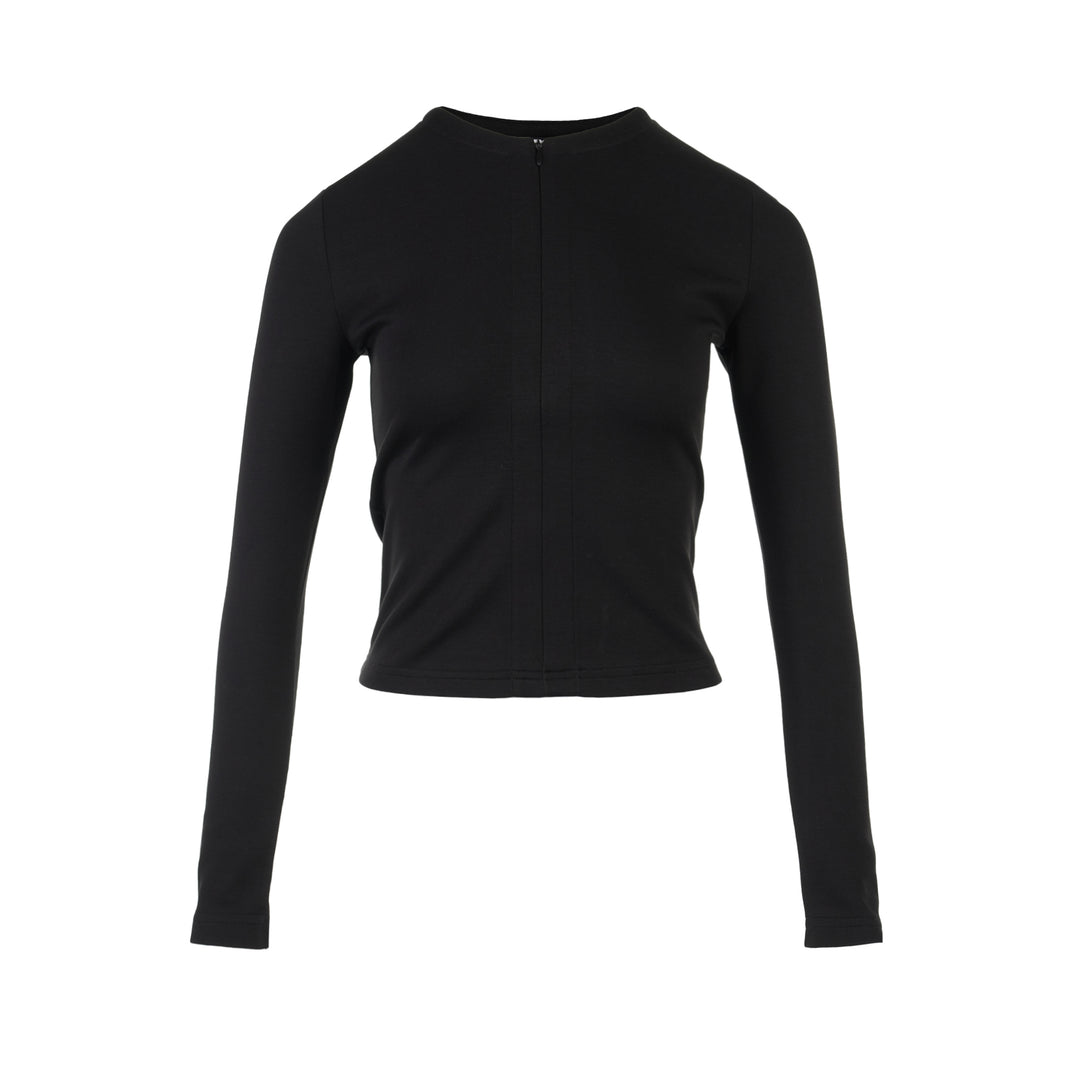 Black long sleeve zip-front top in high stretch modal jersey with a crew neckline and vertical front seams