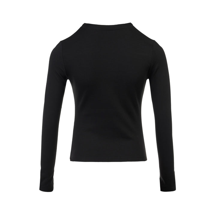 Black long sleeve zip-front top in high stretch modal jersey with a crew neckline and vertical front seams - view 2