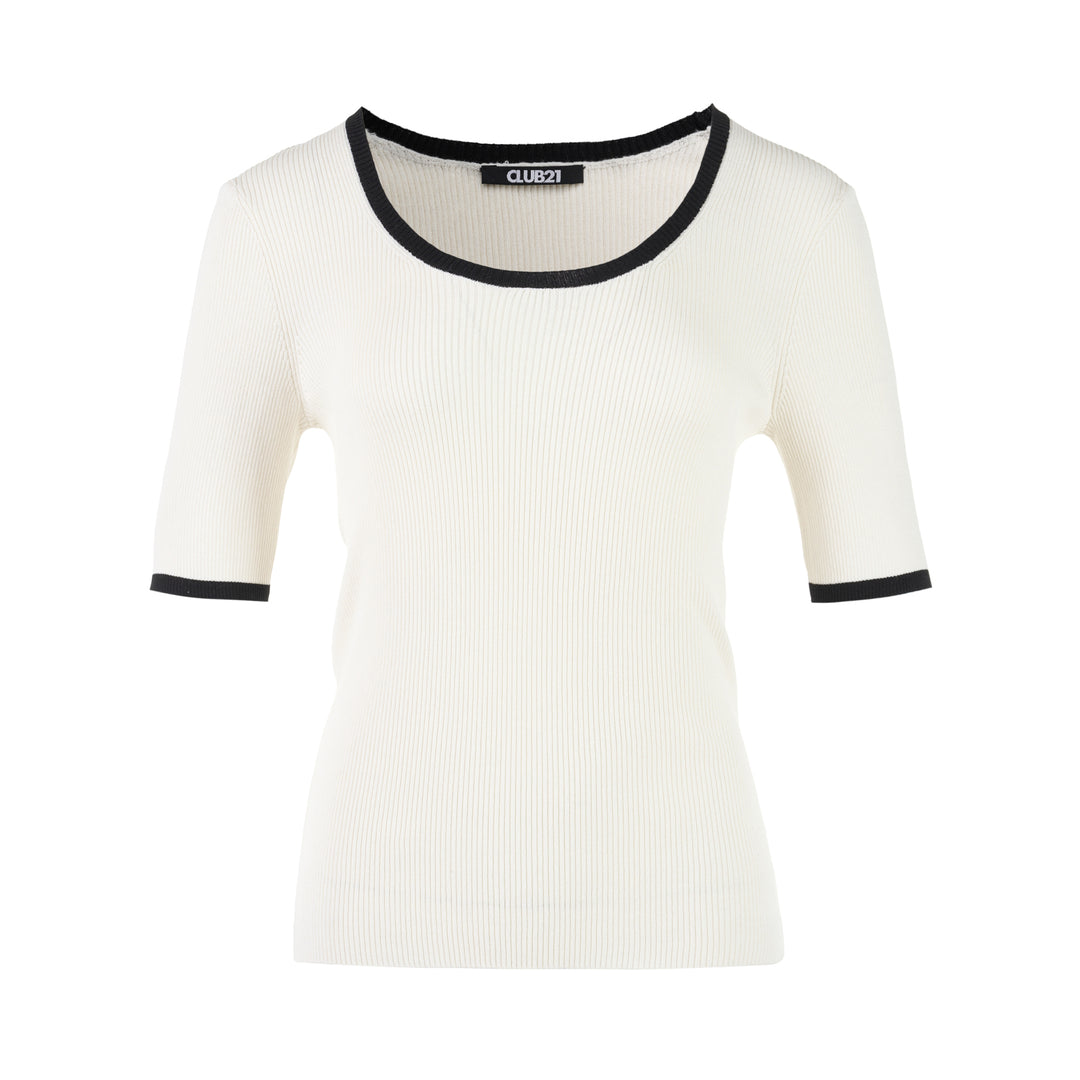 Ivory ribbed silk-cotton knit top with black contrast trim at the scoop neckline and short sleeve cuffs, by Club21 Collection