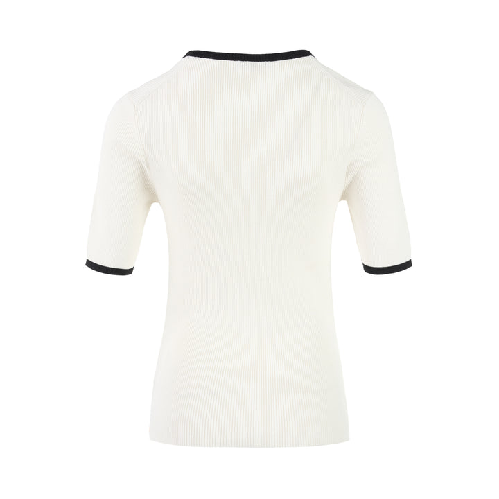 Ivory ribbed silk-cotton knit top with black contrast trim at the scoop neckline and short sleeve cuffs, by Club21 Collection - view 2