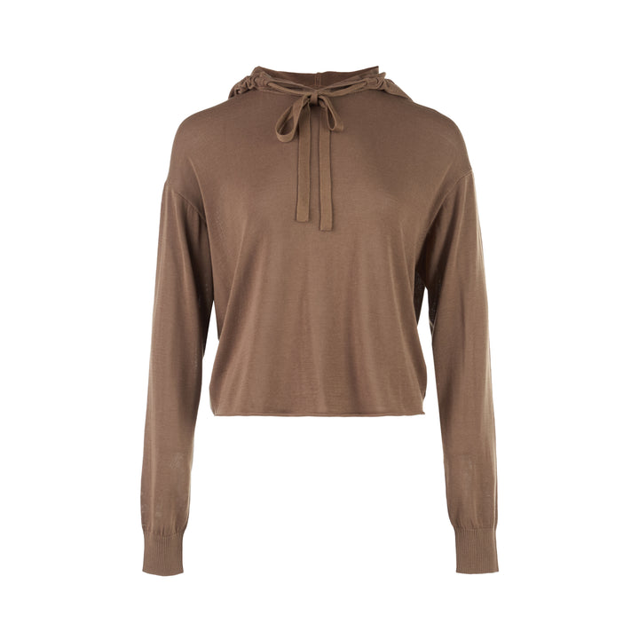 Brown cropped hooded sweater in a lightweight silk cotton Tencel knit with a tie-neck drawcord, ribbed cuffs and raw hem