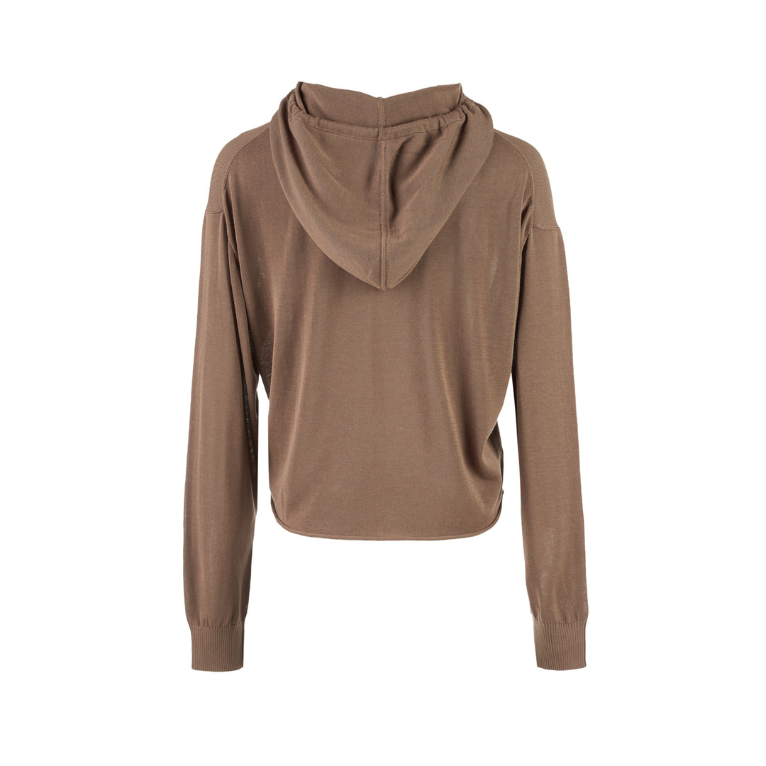 Brown cropped hooded sweater in a lightweight silk cotton Tencel knit with a tie-neck drawcord, ribbed cuffs and raw hem - view 2