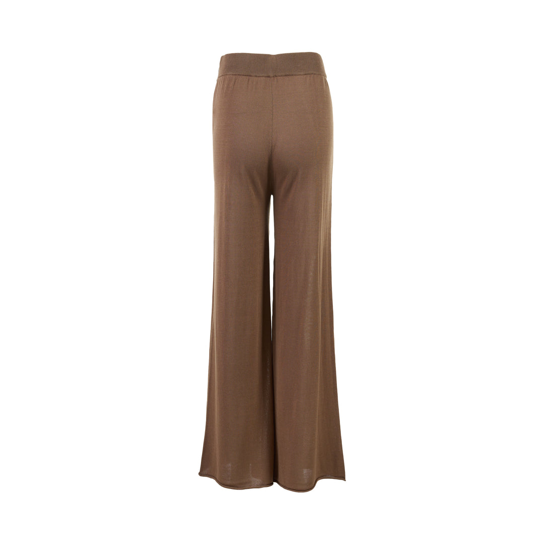 Brown wide-leg knit pants with a ribbed high waistband and drawstring tie, shown from the front on a white background - view 2