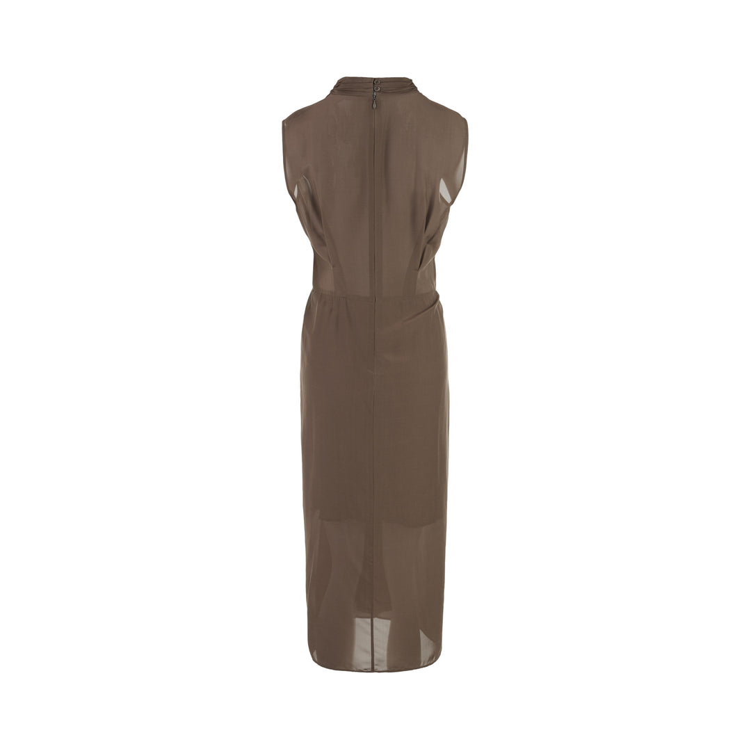 Club21 Collection Noemie sleeveless taupe midi dress in habutai silk cupro mix with draped V-neckline and pleated waist - view 2