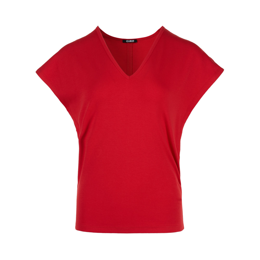 Red cotton spandex jersey V-neck top with extended short sleeves and Club21 label at the back neck