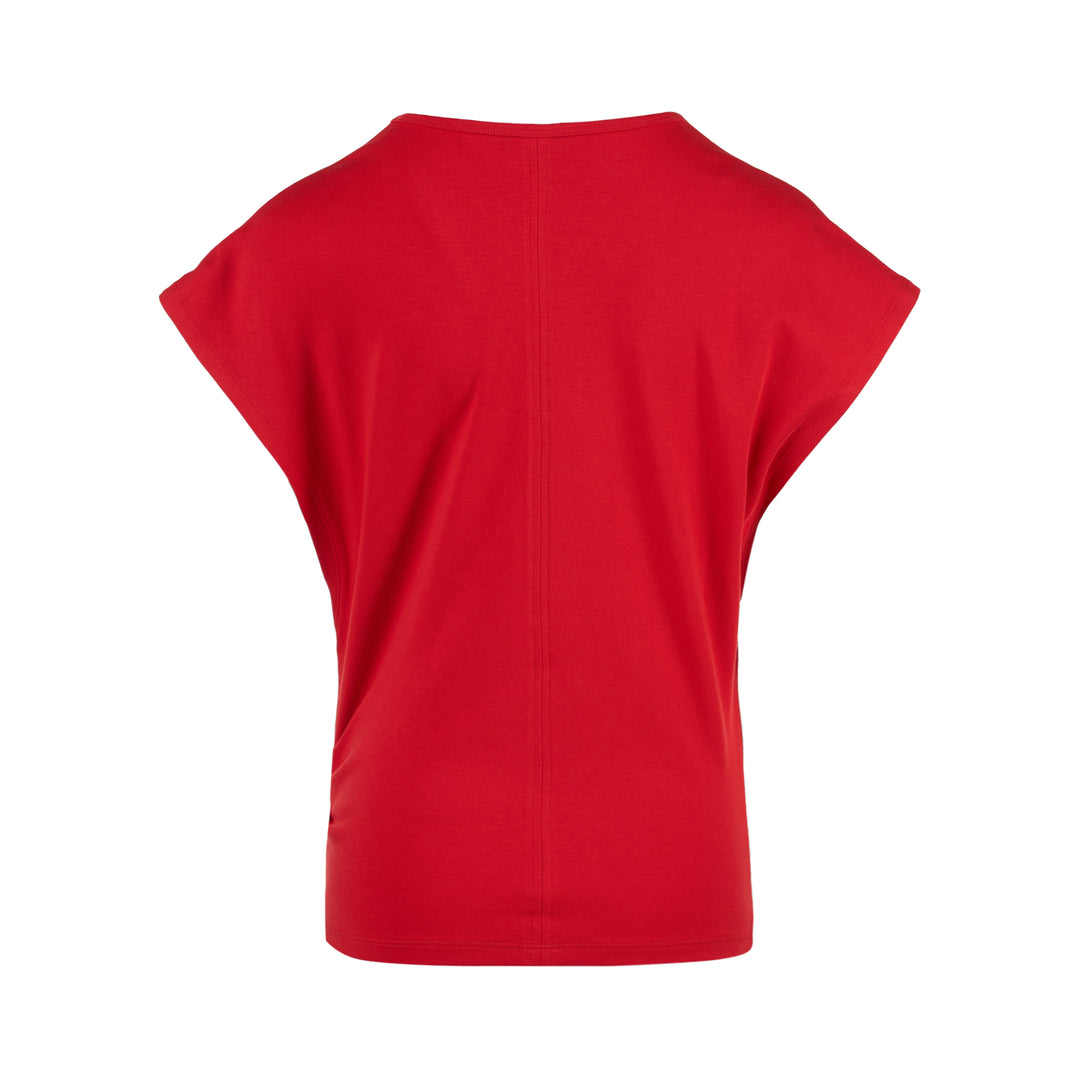 Red cotton spandex jersey V-neck top with extended short sleeves and Club21 label at the back neck - view 2