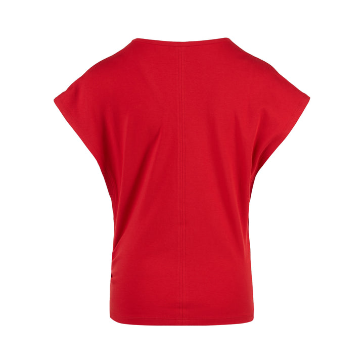 Red cotton spandex jersey V-neck top with extended short sleeves and Club21 label at the back neck - view 2