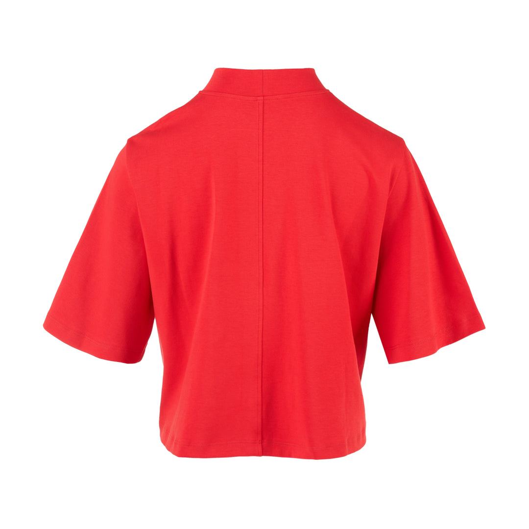 Red cropped cotton spandex jersey tee with mock neckline and elbow-length sleeves, shown front view - view 2