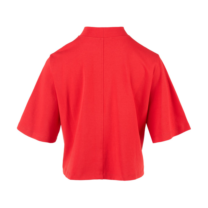 Red cropped cotton spandex jersey tee with mock neckline and elbow-length sleeves, shown front view - view 2