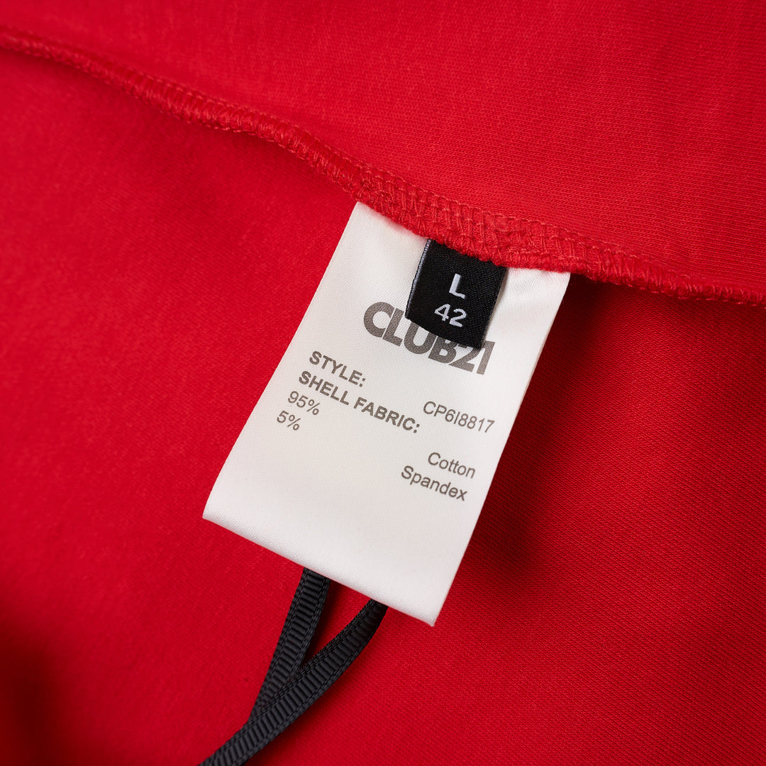 Red cropped cotton spandex jersey tee with mock neckline and elbow-length sleeves, shown front view - view 4