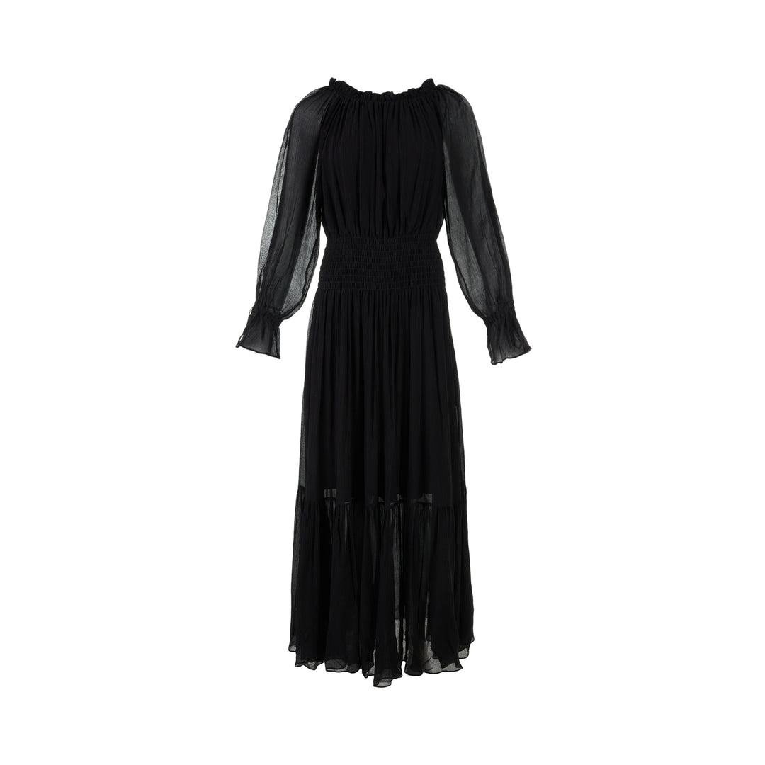 Black silk blend maxi dress with sheer balloon sleeves, gathered neckline, smocked waist and tiered flowing skirt