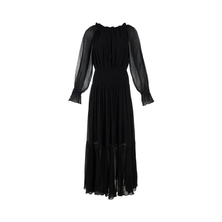 Black silk blend maxi dress with sheer balloon sleeves, gathered neckline, smocked waist and tiered flowing skirt