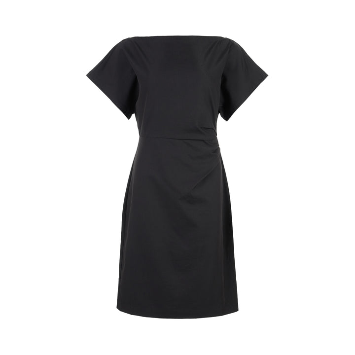 Black Thea dress in stretch rayon linen with boat neckline, wide short sleeves and gathered waist detail