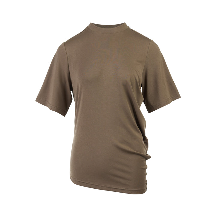 Taupe brown mock-neck short sleeve jersey tee with gathered draping at the side seam and an asymmetric hem