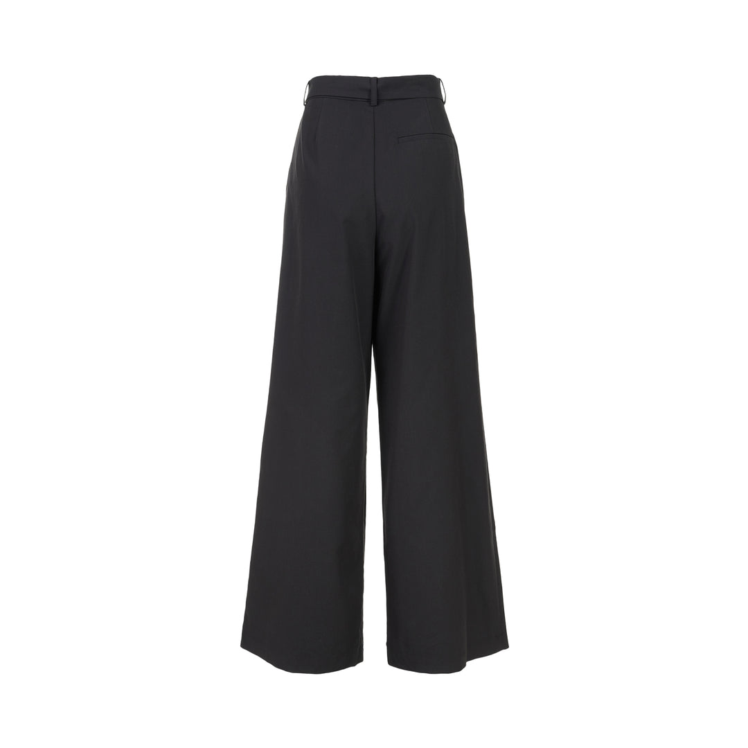Black high-waisted wide-leg pants with front pleats and a self-tie belt at the waist, shown from the front - view 2