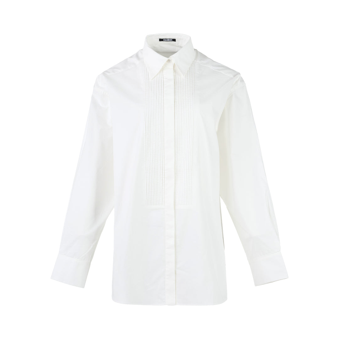 White structured cotton tuxedo shirt with pintucked bib front, pointed collar, concealed placket and long buttoned-cuff sleeves