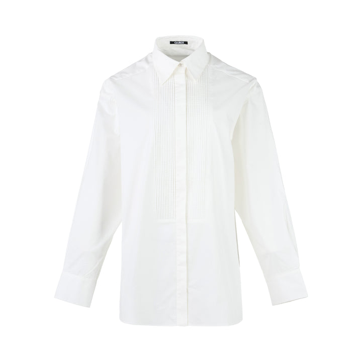 White structured cotton tuxedo shirt with pintucked bib front, pointed collar, concealed placket and long buttoned-cuff sleeves