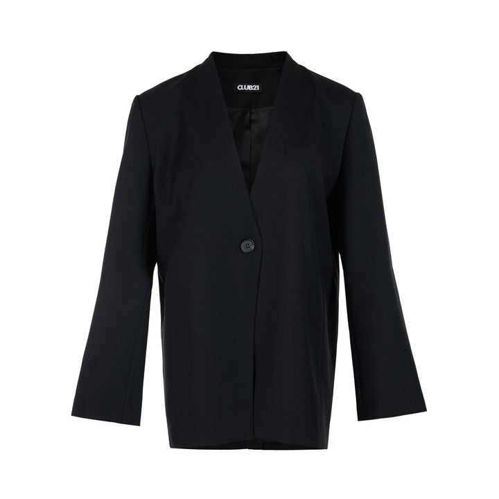 Black collarless wool-blend blazer with deep V neckline, single button closure and welt chest pocket, shown against a white background