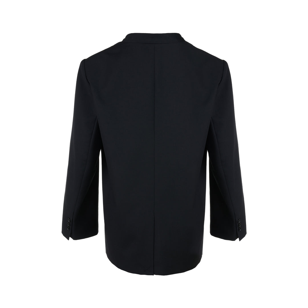 Black collarless wool-blend blazer with deep V neckline, single button closure and welt chest pocket, shown against a white background - view 2