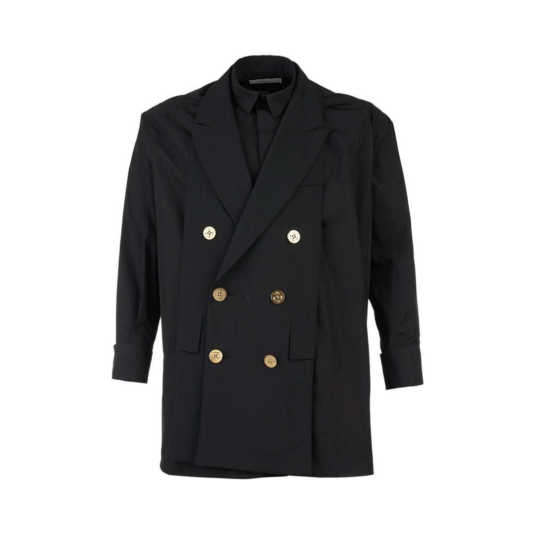 sacai Poplin X Suiting Shirt in black with double-breasted blazer front, peak lapels and gold anchor buttons over a poplin shirt body