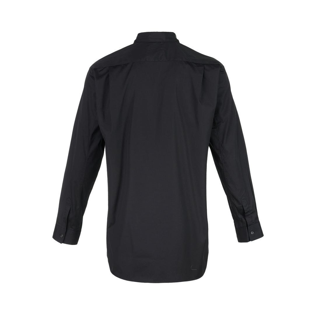 Comme des Garçons Shirt black long sleeve button-up shirt with curved white patchwork panels on the front - view 2