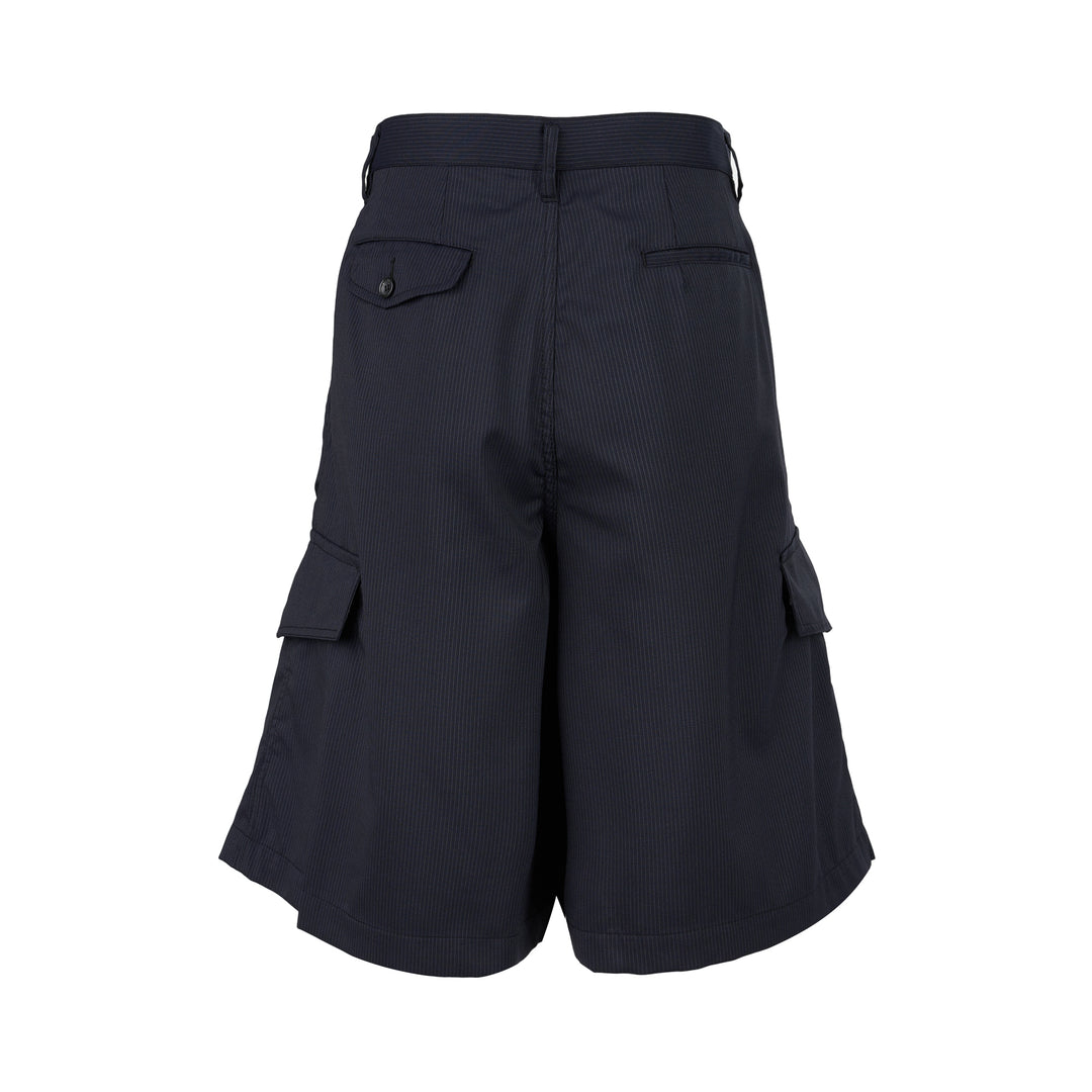 Navy pinstripe pleated cargo shorts by Comme des Garçons Shirt with a wide-leg cut, flap pockets and button fly, shown from the front - view 2