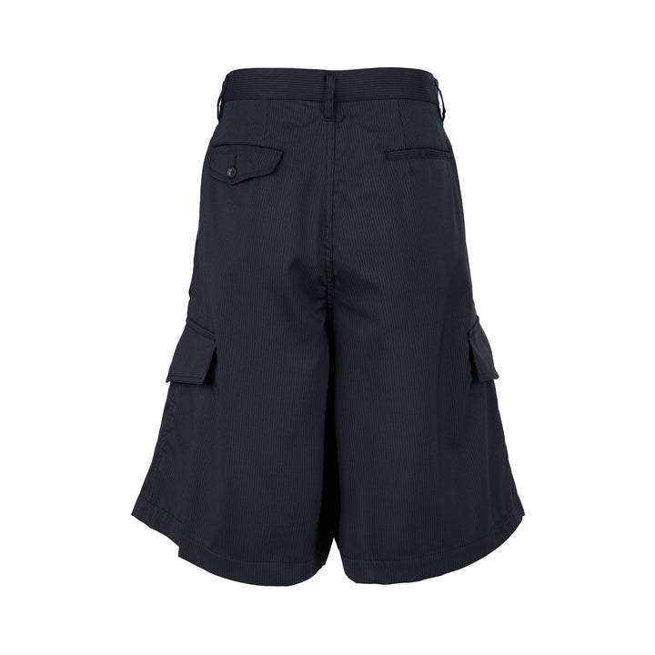 Navy pinstripe pleated cargo shorts by Comme des Garçons Shirt with a wide-leg cut, flap pockets and button fly, shown from the front - view 2