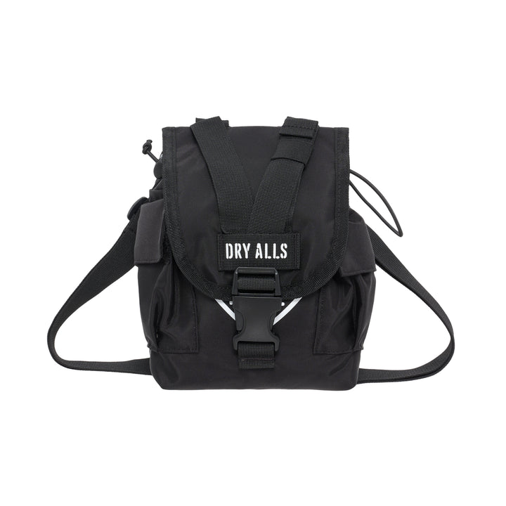 Human Made Military Pouch #1 in black with front buckle flap, webbing straps, DRY ALLS stencil label and side pockets