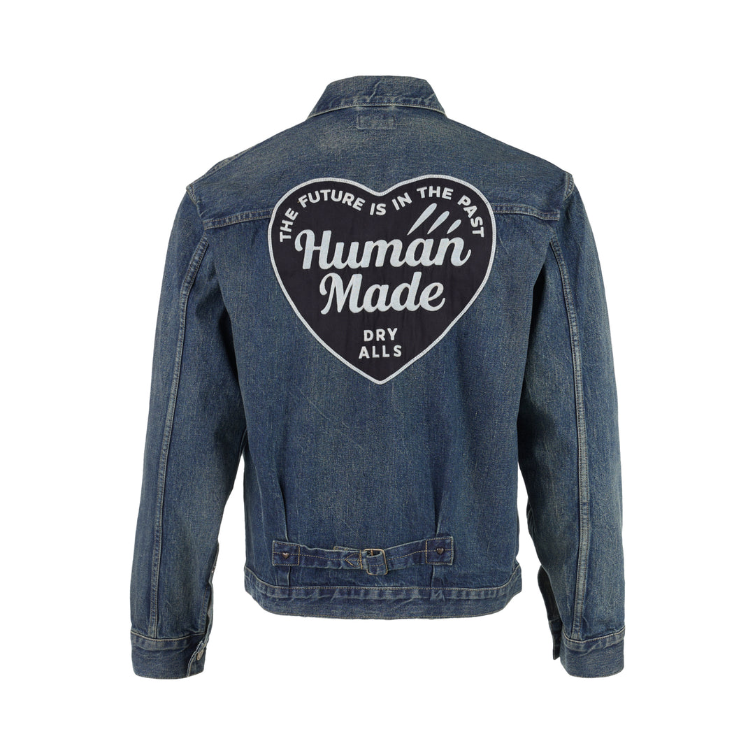 Human Made washed indigo denim work jacket with pleated front, button closure and heart-shaped logo patch on the chest - view 2